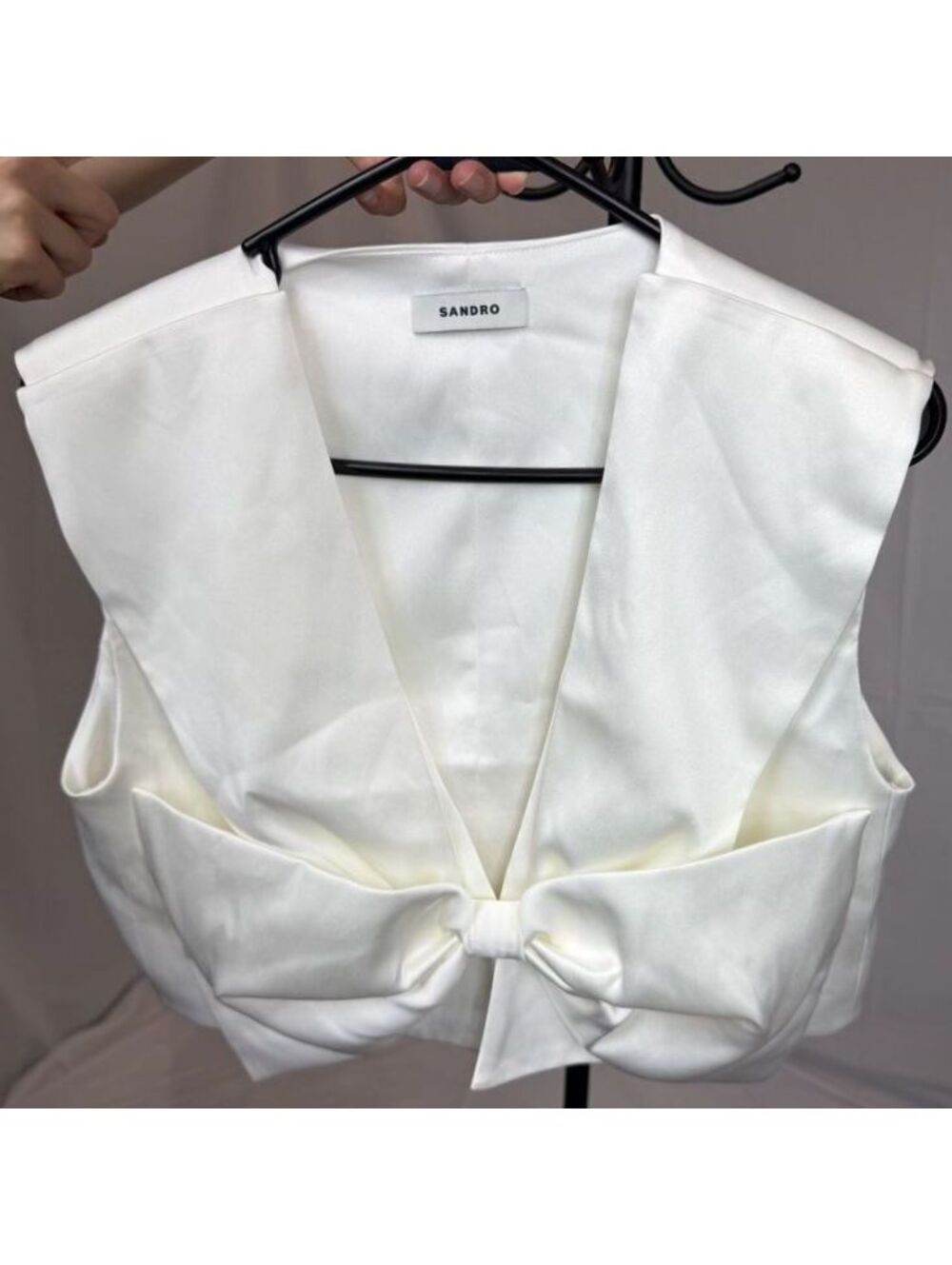 NWT Sandro Crop Top Short Sleeve Front Bow Ivory Satin Effect Size 1 / US 2-4